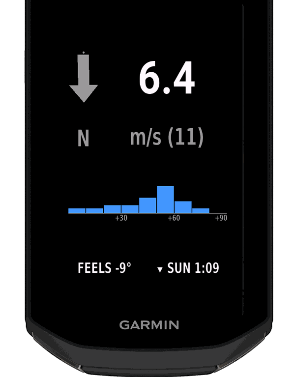 Vind Ride in dark mode on a Garmin Edge 1050 with a sunset countdown of 1:09